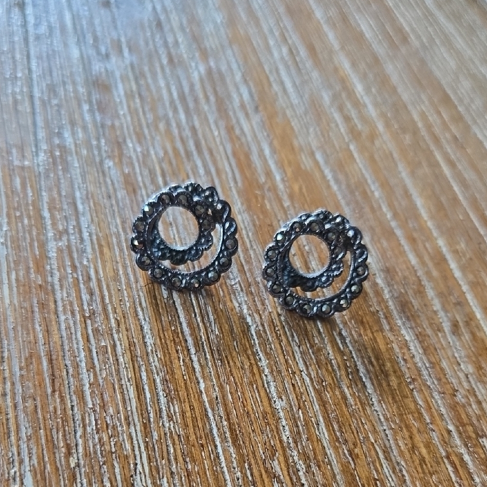 Elegant Silver Circle Earrings Thai 825 Marcasite Pierced Vintage